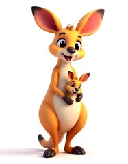 Adorable Kangaroo Mother Holding Joey 3D Render Cartoon Style