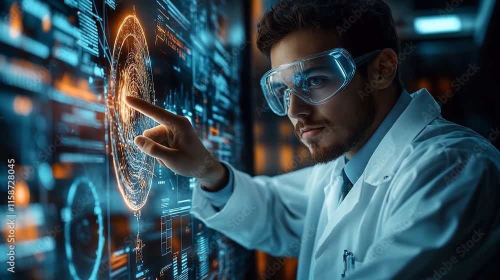Poster scientist interacts with holographic display, analyzing data.