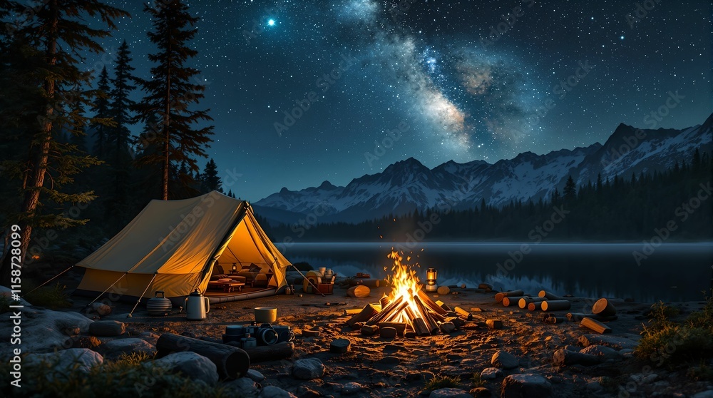 Aufkleber serene camping scene at night, with a tent illuminated by the soft glow of a campfire in the foregro