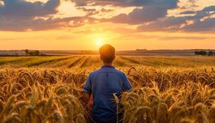 Fototapeta premium A man contemplates the sunset of a golden wheat field.
