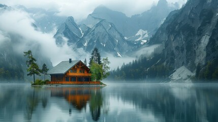 Fototapeta premium a house in the middle of a lake surrounded by mountains