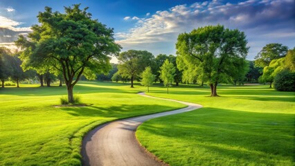Fototapeta premium A lush green grass field in a public park with a few trees and a winding path leading into the distance, outdoor space, nature walk