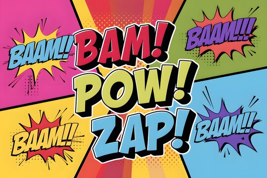 Vibrant Comic Book Sound Effects on Colorful Backgrounds, Energetic Graphic.