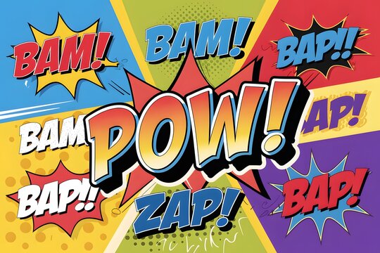 Vibrant Comic Book Sound Effects on Colorful Backgrounds, Energetic Graphic.