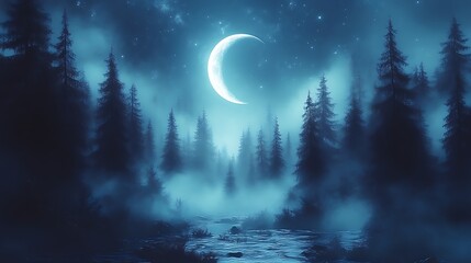 Naklejka premium Mystical moonlit forest at night.