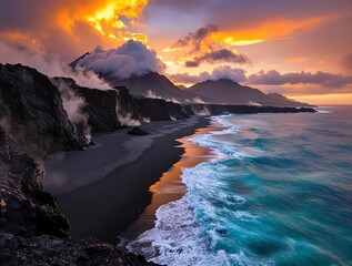 Fototapeta premium stunning coastal landscape during sunset. The sky is filled with vibrant hues of orange, yellow, and purple clouds, contrasting beautifully with the dark silhouette of the mountains in the background.