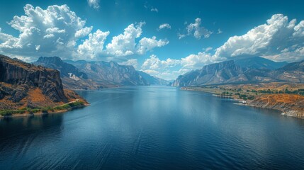 Naklejka premium a large body of water surrounded by mountains