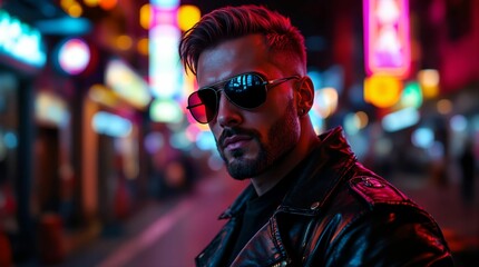 Obraz premium man wearing sunglasses, a leather jacket, and a hat, standing on a sidewalk in a city at night. The background is filled with colorful neon lights from various shops and signs.