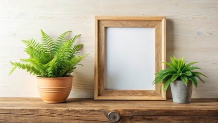 A beautiful frame with two lush green ferns and a small potted succulent plant on a wooden shelf, plants, nature,  plants, nature