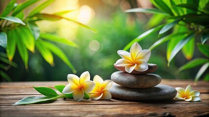 Ancient Zen stone with frangipani flowers on a wooden table