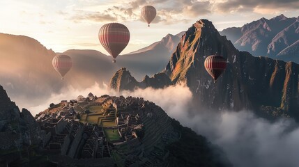 Hot air balloons soar over Machu Picchu at sunrise, shrouded in mist and mountains.