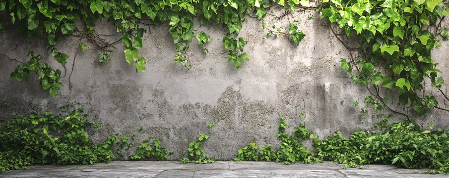 Green ivy hanging on old concrete wall