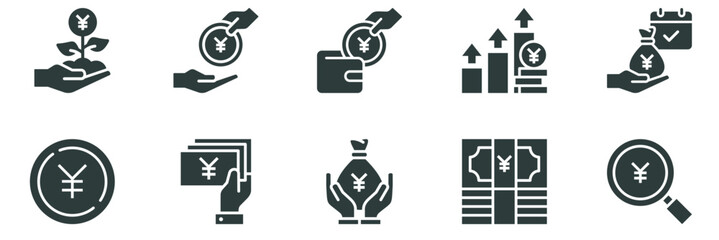 Money savings and finance vector solid icons set. Collection of isolated icons such as money, yen, coin, hand, banknote, finance and more. Collection of isolated icons related to yen currency