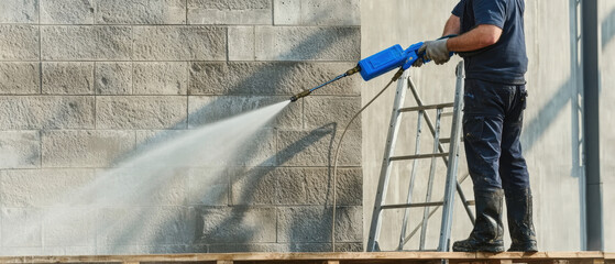 Concrete construction. A person using a pressure washer on a wall from a ladder.