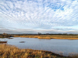 View over a lake with a mottled blue and white sky