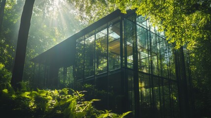 Fototapeta premium A secretive forest house with glass walls, reflecting the sunlight
