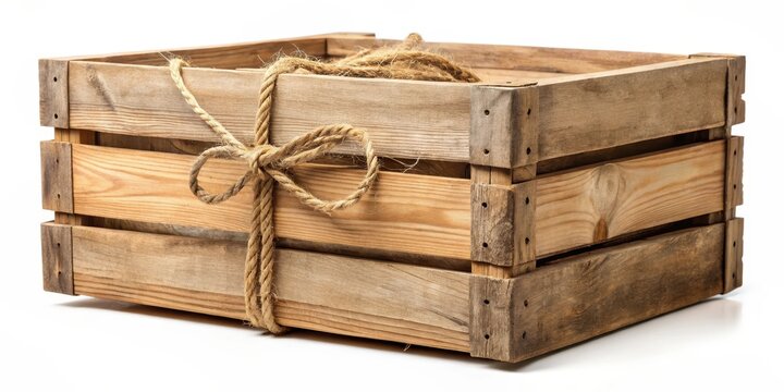 Old wooden crate with brown paper parcel tied with twine and string wrapping, string tie, crate