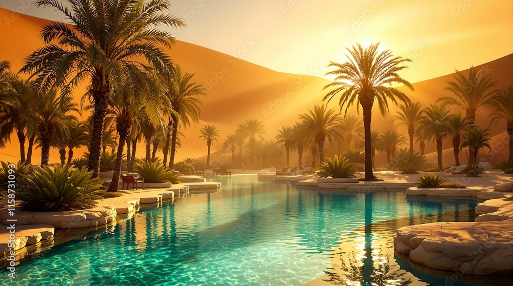 Aufkleber serene scene with a pool surrounded by palm trees and a stunning sunset in the distance. The warm colors of the sky and the reflection on the water create a tranquil and picturesque atmosphere.