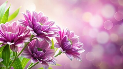 Obraz premium Vibrant purple petals unfurl against a soft pink background, with delicate white stripes and green leaves subtly integrated into the design, nature, serenity