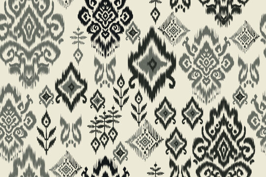 Ethnic abstract ikat fabric artwork with seamless patterns, combining tribal, indigenous and Mexican embroidery with Aztec geometric motifs. Ideal for rugs, wallpapers, throws, fabrics and clothing.