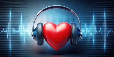 A red heart beats in sync with electronic music through wireless headphones , headphones, music,  headphones, music