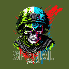 Vintage special forces skull head with weapon, vector illustration