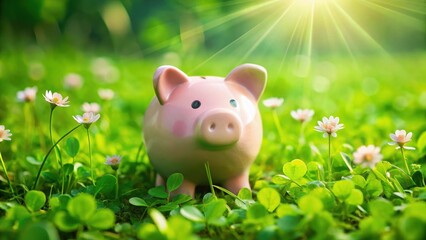 Tiny piggy bank sitting on a green grassy field surrounded by four leaf clovers in various stages of growth, spring, finance