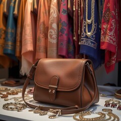 Brown leather handbag displayed with colorful scarves.