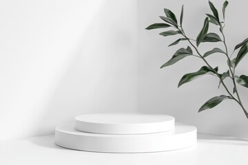 Two White Circular Platforms with a Plant in a White Room