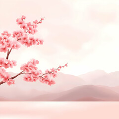Pink Blossom Illustration, Mountain Background