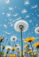 Obraz premium Dandelion seeds dispersing in the air, vibrant floral background.