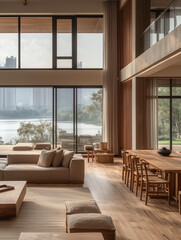 Beautiful modern apartment in high floor, Wabi-sabi style, a large floor-to-ceiling glass windows overlooking the lake.The floor features wooden planka surrounding them