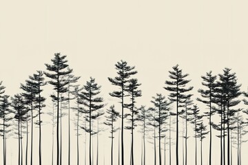 minimalist graphic of tall pine trees stylized with geometric shapes standing against smooth light gray sky