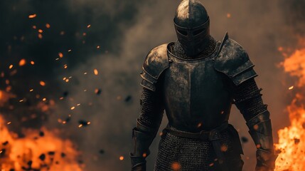 Knight in shining armor, sword drawn amidst flames, shadowy figure in fiery landscape, epic battle and medieval warfare, smoke and destruction, brave warrior with legendary valor