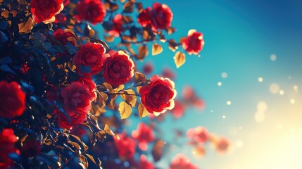 Vibrant red roses blooming against a bright blue sky.