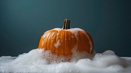 A single orange pumpkin sits in a pile of white foam against a dark teal background.