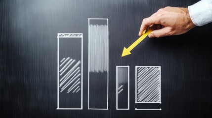 Costs cutting and efficiency concept. Businessman drawing bar graph and arrow on chalkboard. 