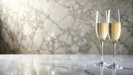 Elegant champagne glasses on a marble table, with a soft focus effect to convey luxury and sophistication , upscale