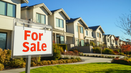 Fototapeta premium Modern townhouse with For Sale sign under sunny clear sky