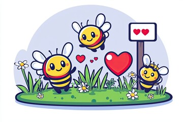 Obraz premium Cute Cartoon Bees Love Heart Garden Spring Flowers Illustration