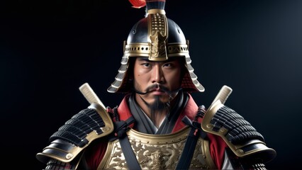 Obraz premium samurai warrior in armor looking at camera on dark background