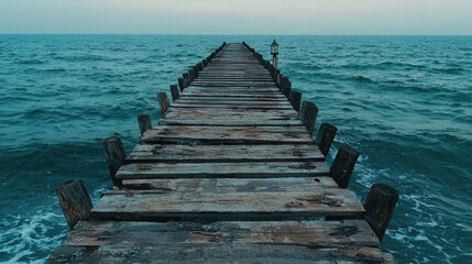 Fototapeta premium Long Wooden Pier Stretching Out Into Calm Ocean Waters at Sunset