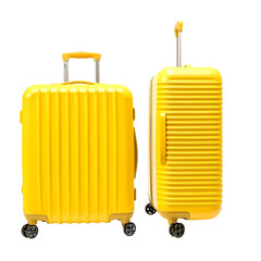 Bright yellow suitcases with black wheels and retractable handles stand side by side on a black background.