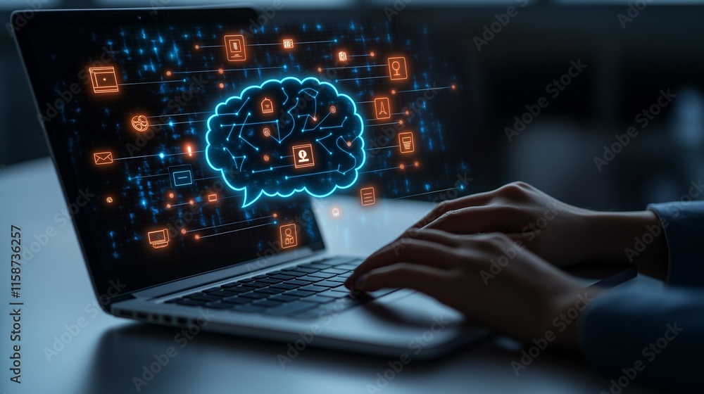 Poster ai-powered connections, laptop displaying neural network and digital data flow