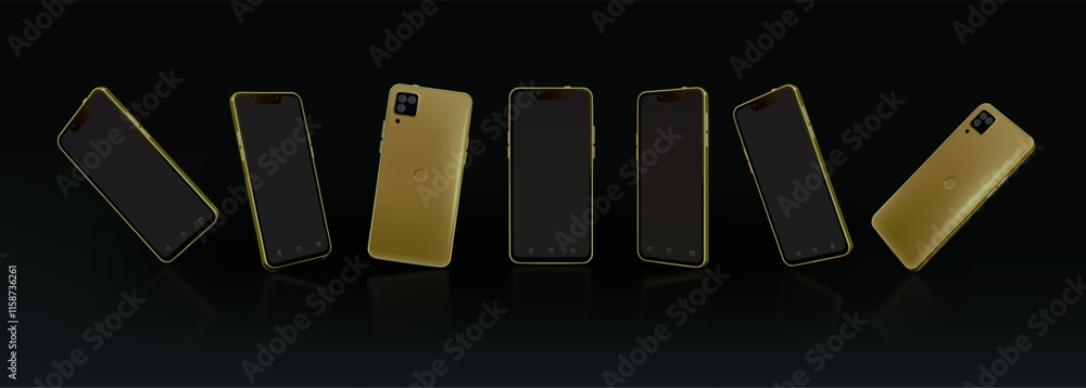 Aufkleber smartphone mockup. 3d golden phone. cellphone screen. gold device with photo camera. app smart telep