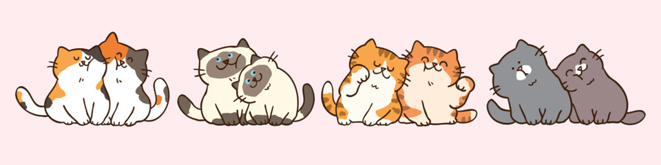 Vector Illustration of Cartoon Cat Couples on Isolated Background. Hand Drawn Vector Illustration. 