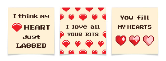 Pixel Art Heart Game Icon Valentines Day Cards Set © Viktoria