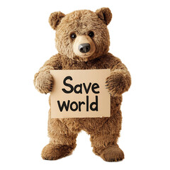 Cute Plush Bear Holding a Sign with the Message Save World