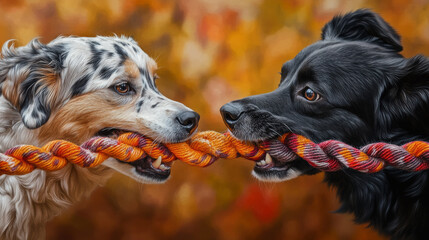 Close up of two dogs playfully tugging on colorful rope toy, showcasing their vibrant fur and joyful expressions against warm, blurred background