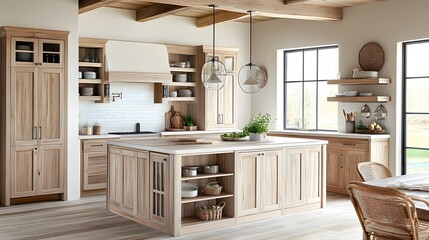 Rustic Light Wood Kitchen Design with Island and Farmhouse Style